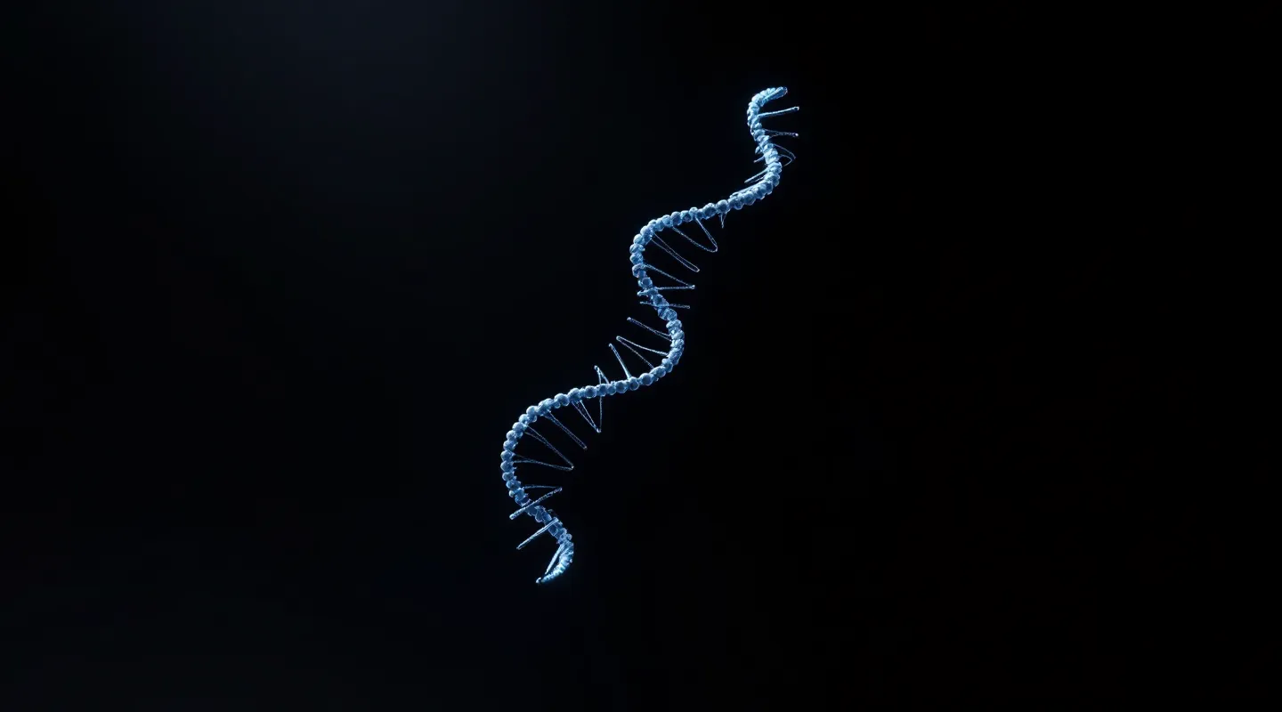 Cinematic render of an abstract peptide chain floating in black space
